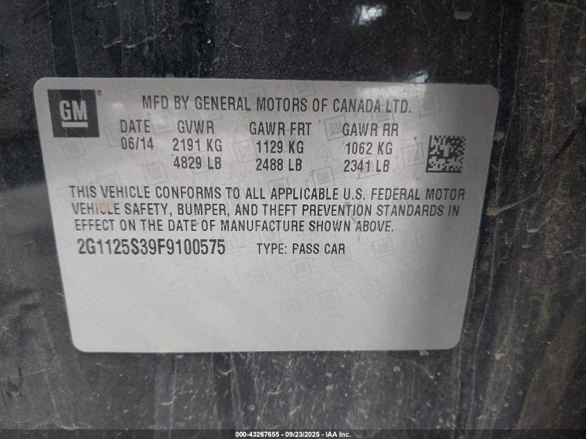 2015 Chevrolet Impala 2Lt VIN: 2G1125S39F9100575 Lot: 43267655