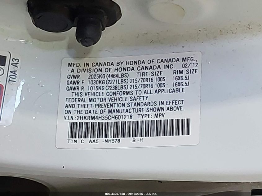 2012 Honda Cr-V Lx VIN: 2HKRM4H35CH601218 Lot: 43267658