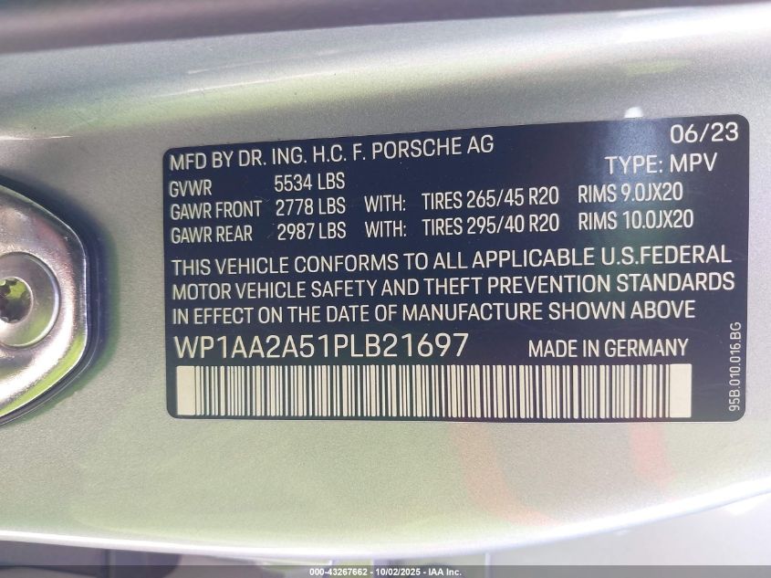 2023 Porsche Macan T VIN: WP1AA2A51PLB21697 Lot: 43267662