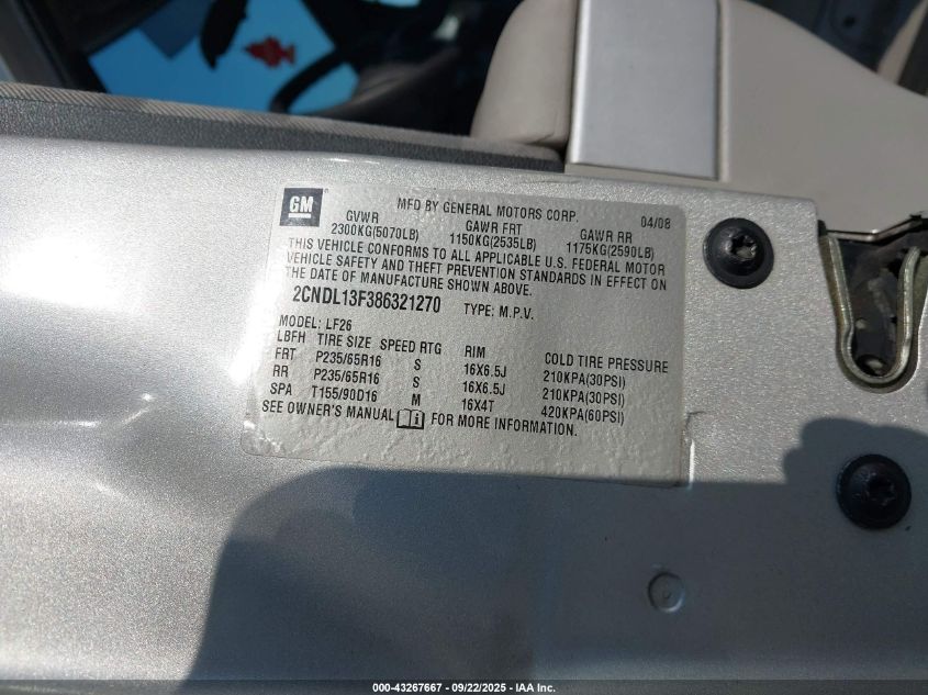 2008 Chevrolet Equinox Ls VIN: 2CNDL13F386321270 Lot: 43267667