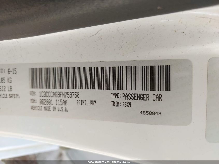 2015 Chrysler 200 Limited VIN: 1C3CCCAG9FN759750 Lot: 43267675