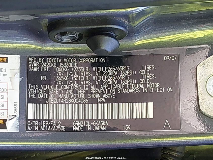 2008 Toyota 4Runner Sr5 V6 VIN: JTEZU14R28K004086 Lot: 43267680