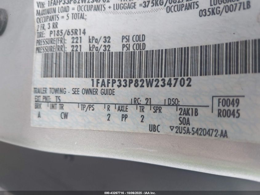 2002 Ford Focus Lx VIN: 1FAFP33P82W234702 Lot: 43267716