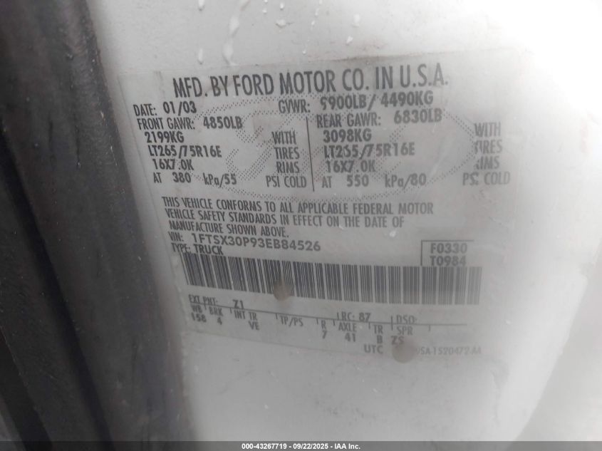 2003 Ford F-350 Lariat/Xl/Xlt VIN: 1FTSX30P93EB84526 Lot: 43267719