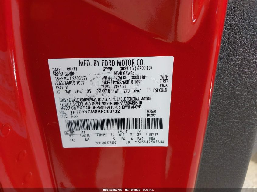 2011 Ford F-150 Xlt VIN: 1FTEX1CM8BFC63732 Lot: 43267729