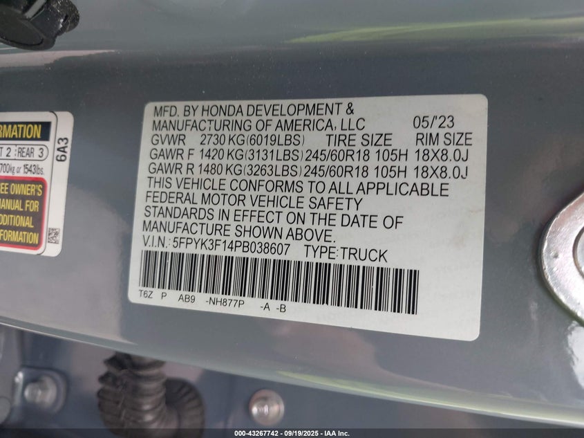 2023 HONDA RIDGELINE SPORT - 5FPYK3F14PB038607