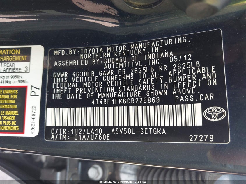 2012 Toyota Camry Xle VIN: 4T4BF1FK6CR226869 Lot: 43267746