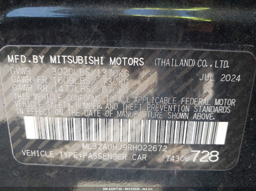 2024 Mitsubishi Mirage Es/Le VIN: ML32AUHJ9RH022672 Lot: 43267748