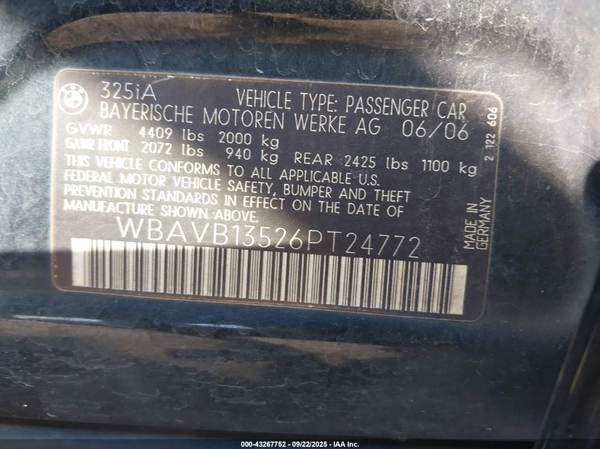 2006 BMW 325I VIN: WBAVB13526PT24772 Lot: 43267752