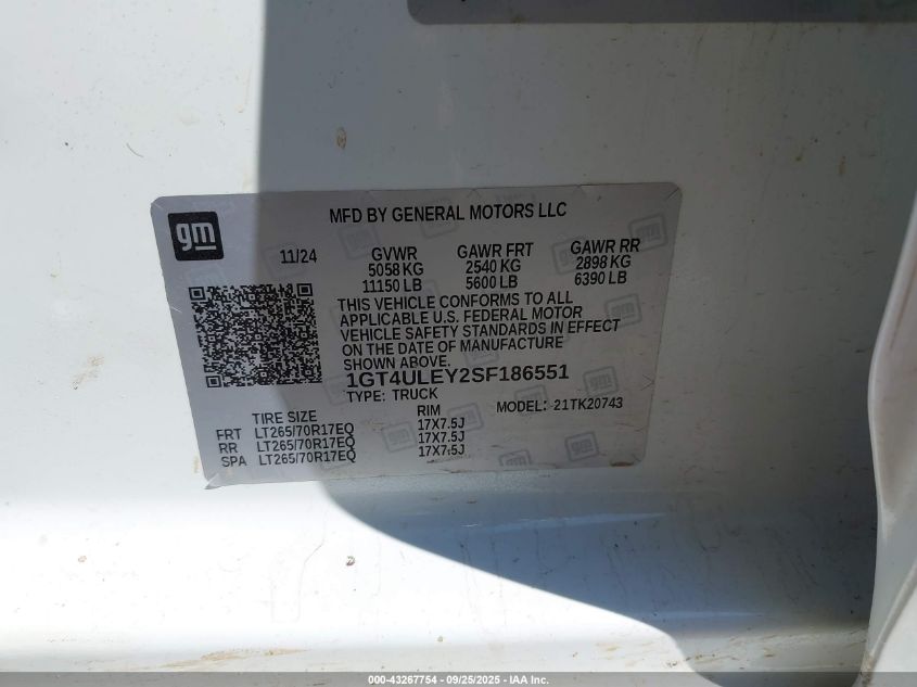 2025 GMC Sierra 2500Hd 4Wd Standard Bed Pro VIN: 1GT4ULEY2SF186551 Lot: 43820944