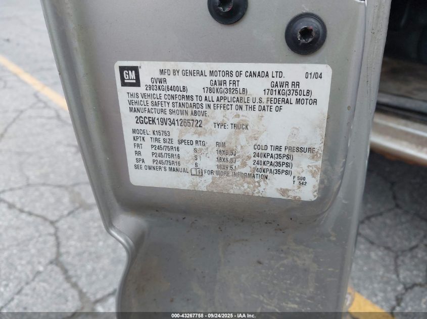 2004 Chevrolet Silverado 1500 Work Truck VIN: 2GCEK19V341265722 Lot: 43267758
