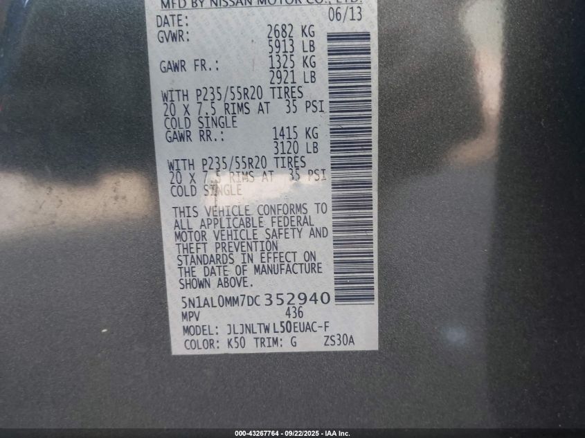 2013 Infiniti Jx35 VIN: 5N1AL0MM7DC352940 Lot: 43267764