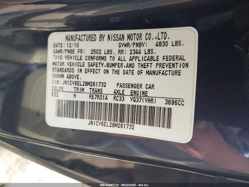 2011 Infiniti G37X VIN: JN1CV6EL2BM261732 Lot: 43267770