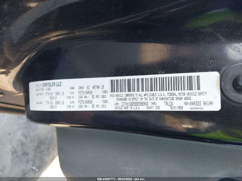 2008 Dodge Ram VIN: 1D7HU182585596943 Lot: 43267771