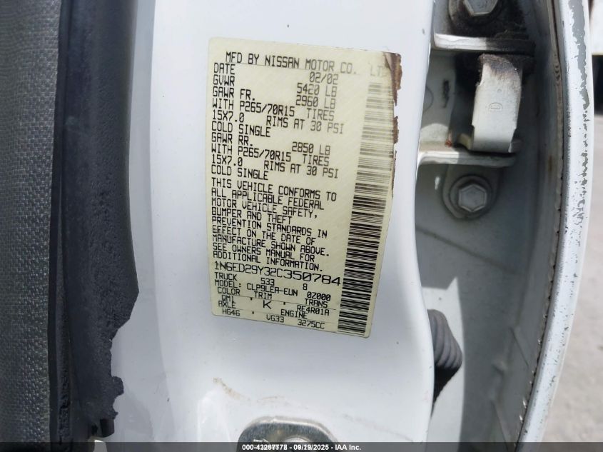 2002 Nissan Frontier Xe-V6 VIN: 1N6ED29Y32C350784 Lot: 43267778