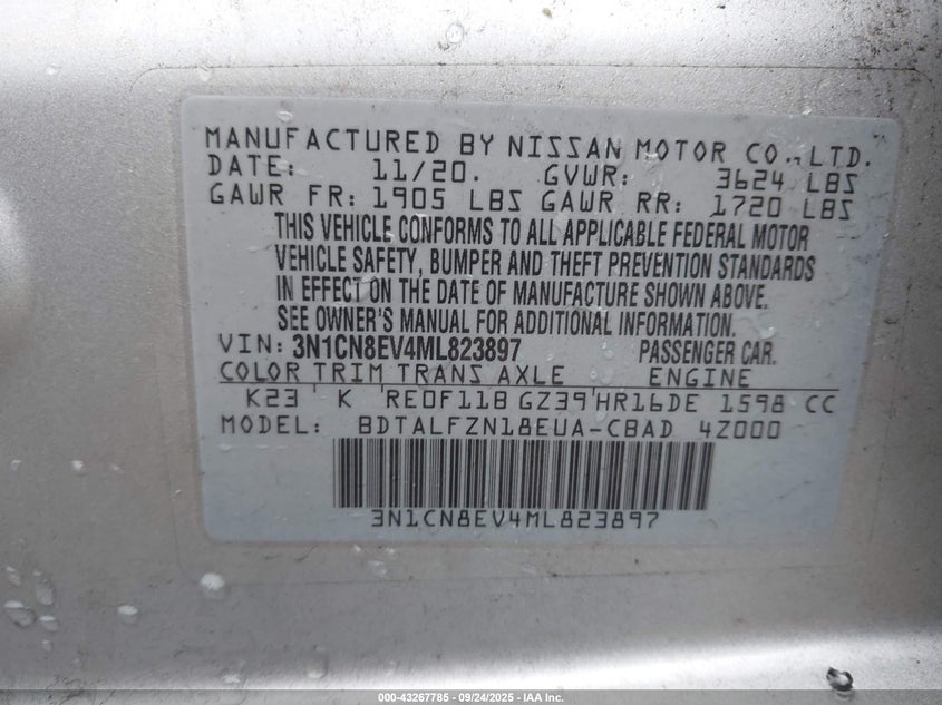 2021 Nissan Versa Sv Xtronic Cvt VIN: 3N1CN8EV4ML823897 Lot: 43267785