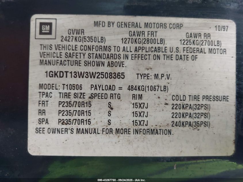 1998 GMC Jimmy Sls VIN: 1GKDT13W3W2508365 Lot: 43267788