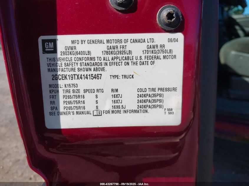 2004 Chevrolet Silverado 1500 Z71 VIN: 2GCEK19TX41415467 Lot: 43267798