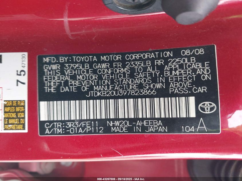 2009 Toyota Prius VIN: JTDKB20U397823866 Lot: 43267806