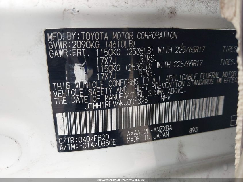 2019 Toyota Rav4 Le VIN: JTMH1RFV6KJ006826 Lot: 43267812