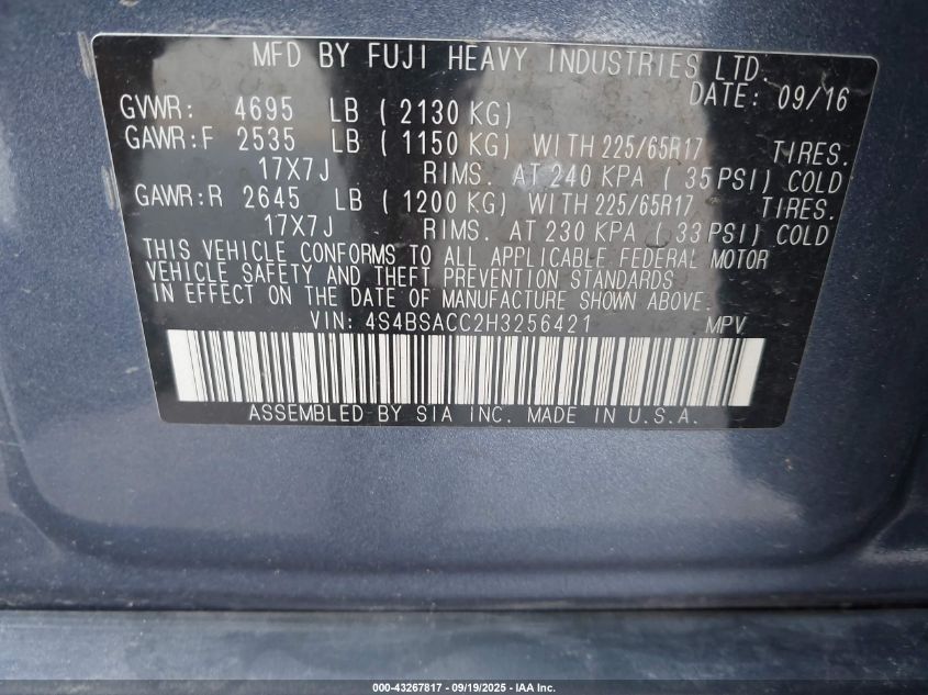 2017 Subaru Outback 2.5I Premium VIN: 4S4BSACC2H3256421 Lot: 43267817