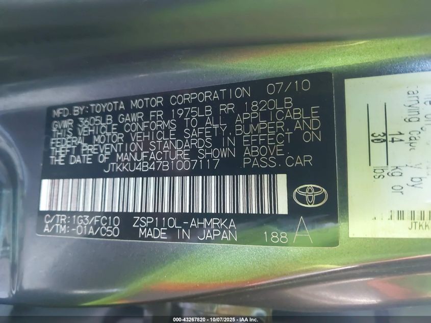 2011 Scion Xd VIN: JTKKU4B47B1007117 Lot: 43267820