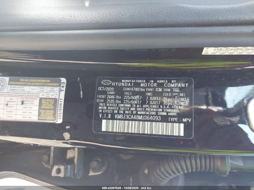 2021 Hyundai Tucson Value VIN: KM8J3CA48MU364093 Lot: 43267849