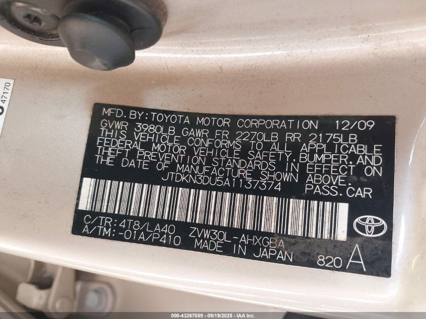 2010 Toyota Prius Iv VIN: JTDKN3DU5A1137374 Lot: 43267859