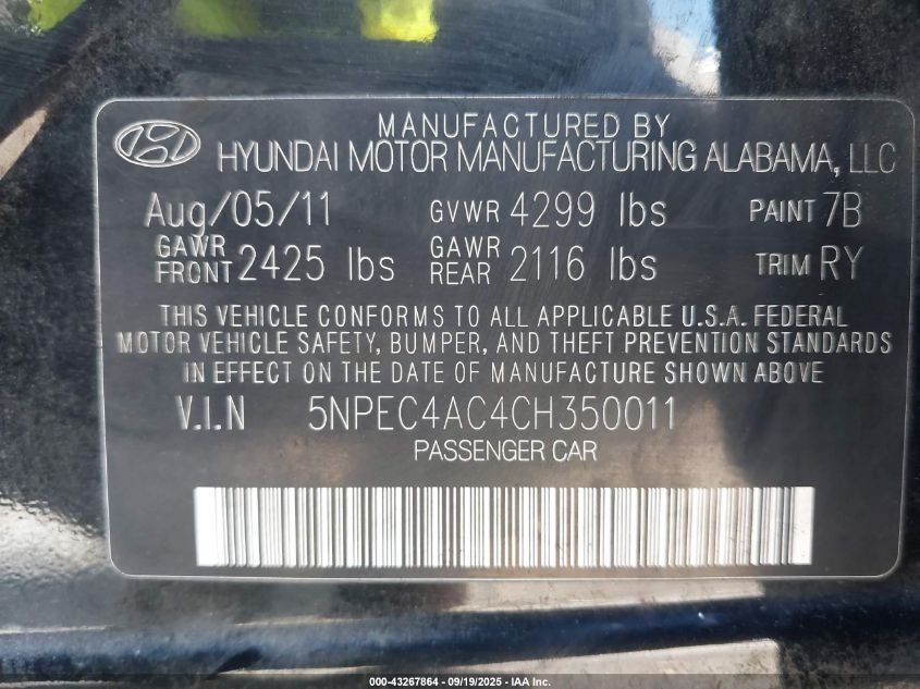 2012 Hyundai Sonata Limited VIN: 5NPEC4AC4CH350011 Lot: 43267864