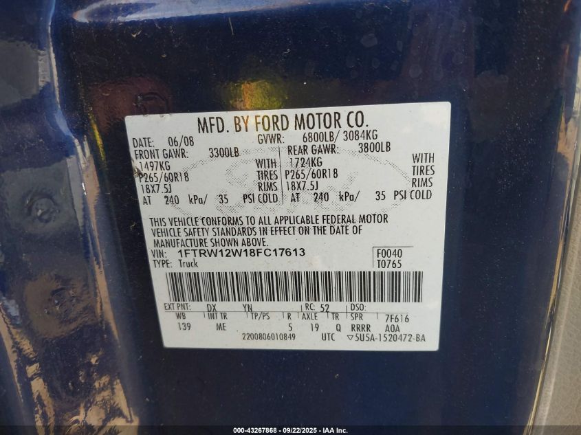 2008 Ford F-150 Xlt VIN: 1FTRW12W18FC17613 Lot: 43267868