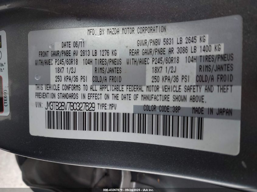 2011 Mazda Cx-9 Sport VIN: JM3TB2BV7B0327629 Lot: 43267879