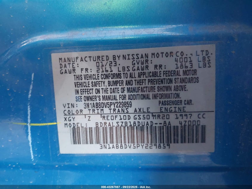 2023 Nissan Sentra Sr Xtronic Cvt VIN: 3N1AB8DV5PY229859 Lot: 43267887