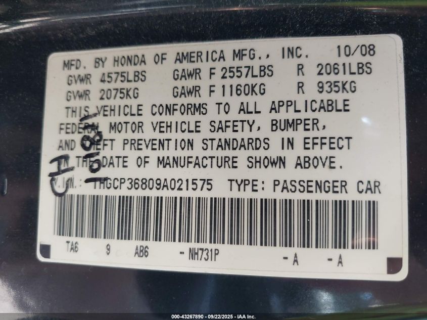 2009 Honda Accord 3.5 Ex-L VIN: 1HGCP36809A021575 Lot: 43267890