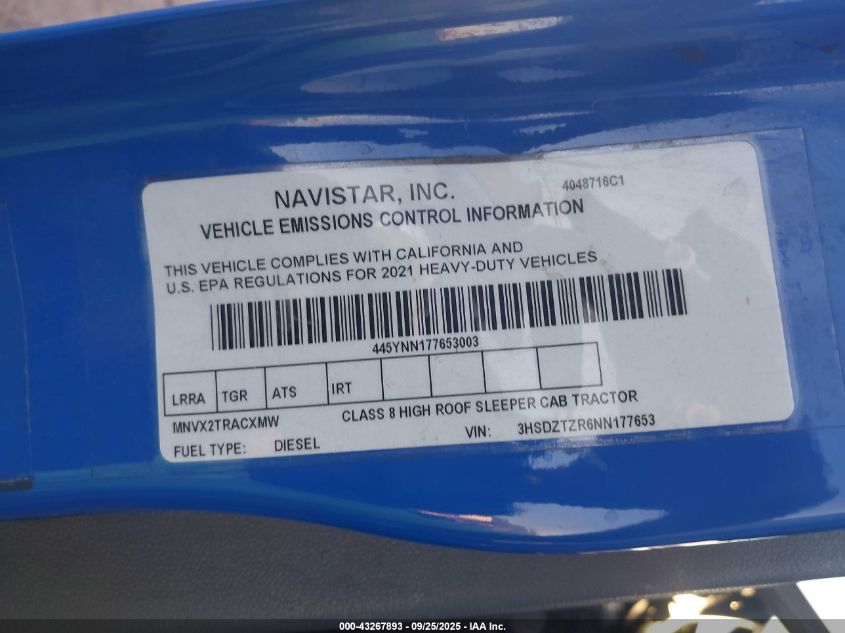 2022 International Lt VIN: 3HSDZTZR6NN177653 Lot: 43267893