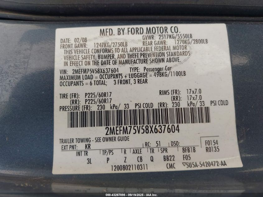 2008 Mercury Grand Marquis Ls VIN: 2MEFM75V58X637604 Lot: 43267895