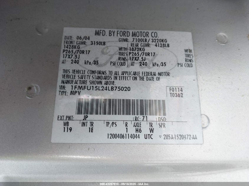 2004 Ford Expedition Xlt VIN: 1FMFU15L24LB75020 Lot: 43267910