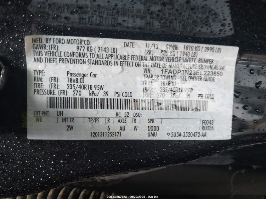 2014 Ford Focus Titanium VIN: 1FADP3N23EL223850 Lot: 43267923