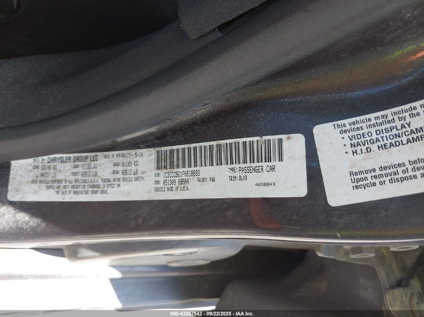 2015 Chrysler 200 S VIN: 1C3CCCBG1FN518893 Lot: 43267942