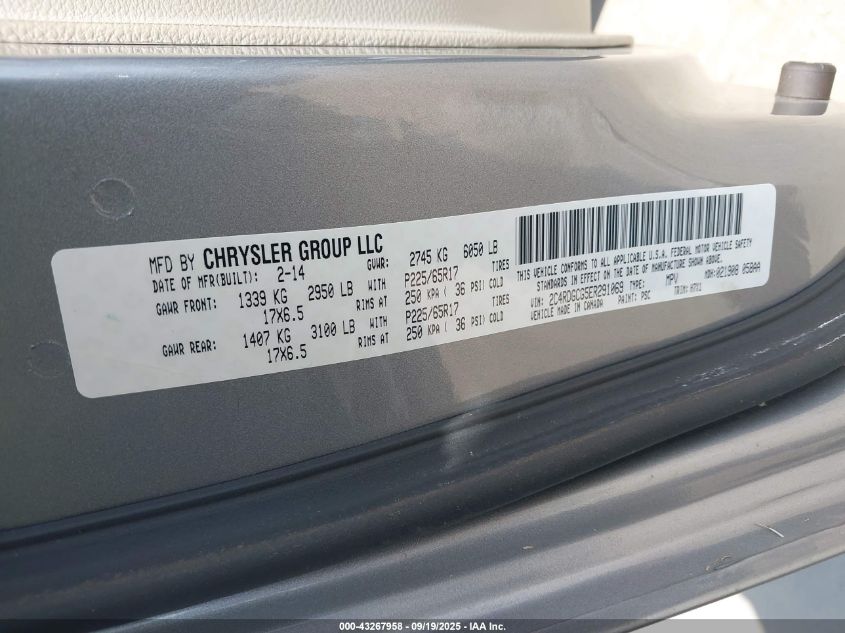 2014 Dodge Grand Caravan Sxt VIN: 2C4RDGCG5ER291069 Lot: 43267958