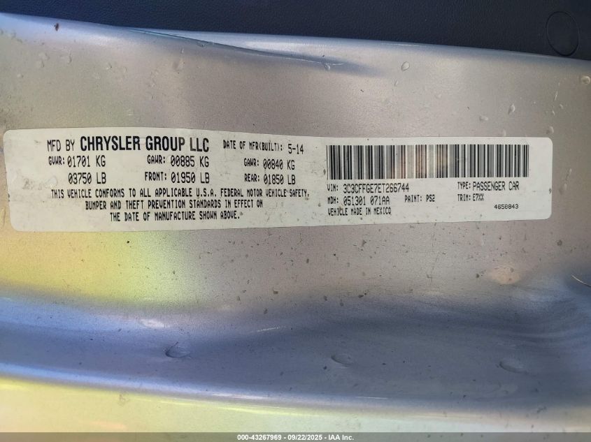 2014 Fiat 500E Battery Electric VIN: 3C3CFFGE7ET266744 Lot: 43267969