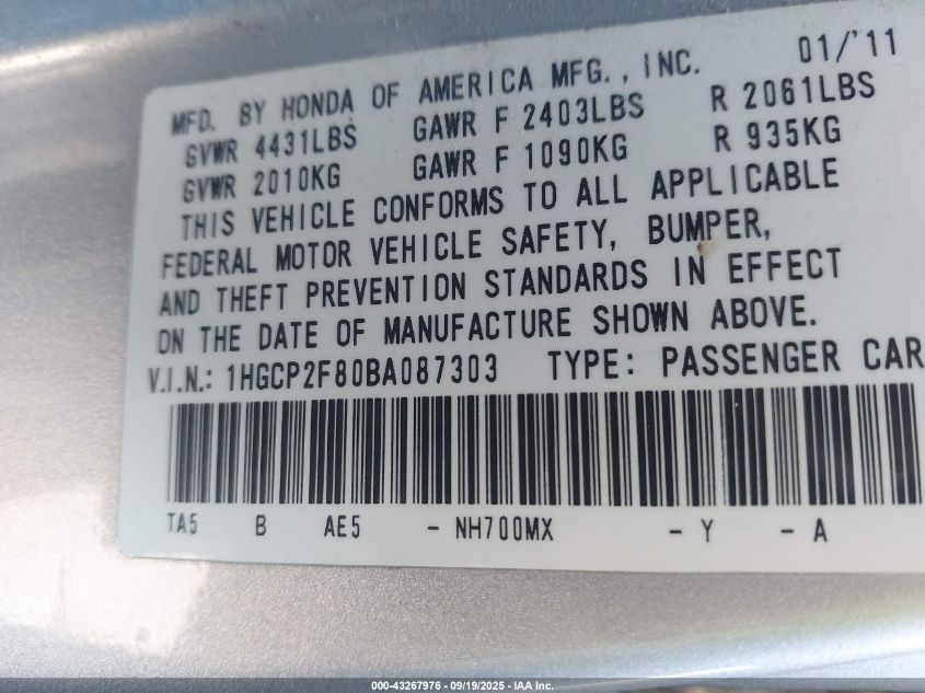 2011 Honda Accord 2.4 Ex-L VIN: 1HGCP2F80BA087303 Lot: 43267976