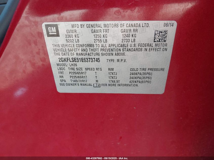 2014 GMC Terrain Slt-1 VIN: 2GKFLSE31E6373745 Lot: 43267980