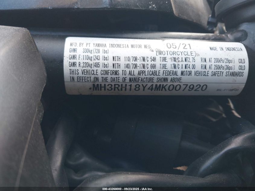 2021 Yamaha Yzfr3 A VIN: MH3RH18Y4MK007920 Lot: 43268000