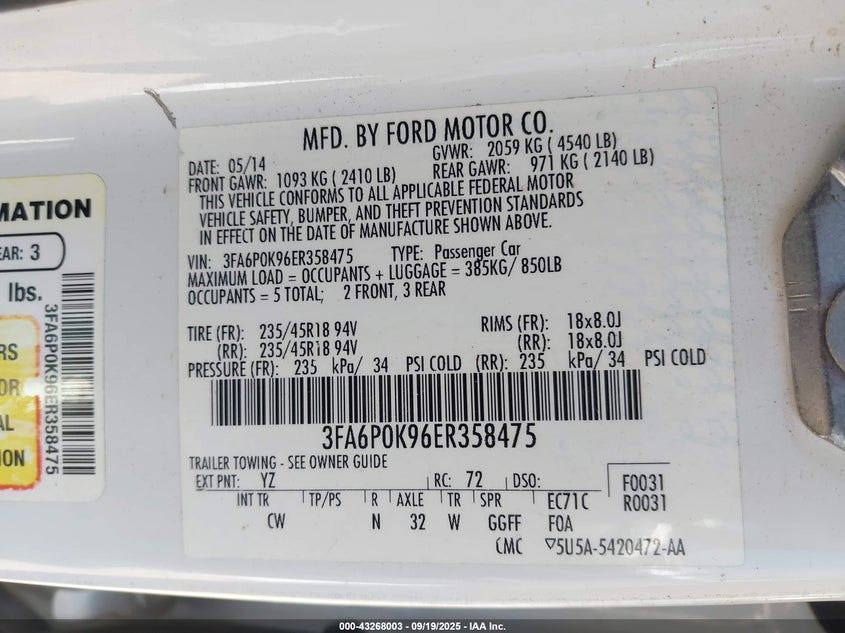 2014 Ford Fusion Titanium VIN: 3FA6P0K96ER358475 Lot: 43268003