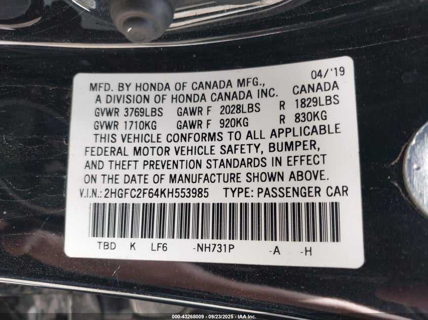 2019 Honda Civic 2.0 Lx Other Lot 111043268009 Vin 2HGFC2F64KH553985