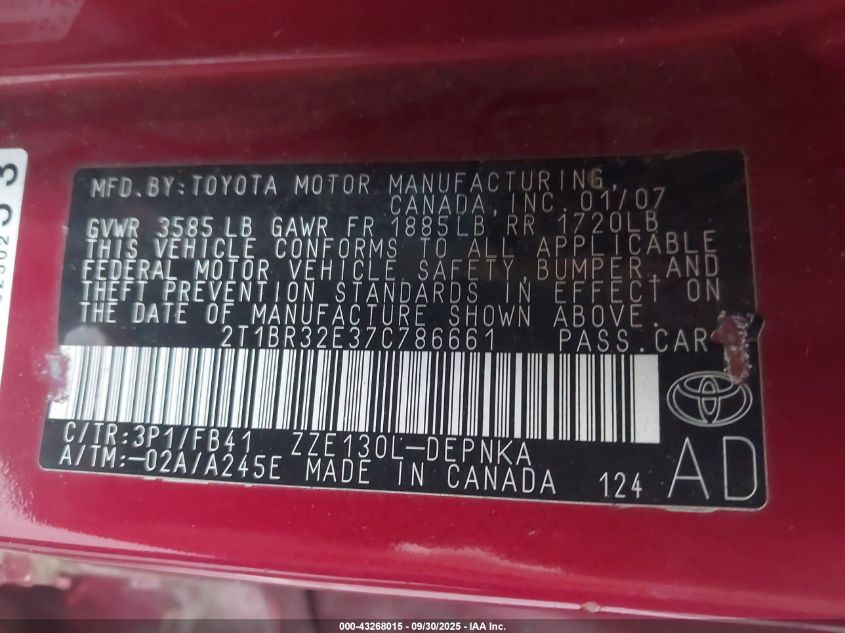 2007 Toyota Corolla Le VIN: 2T1BR32E37C786661 Lot: 43268015