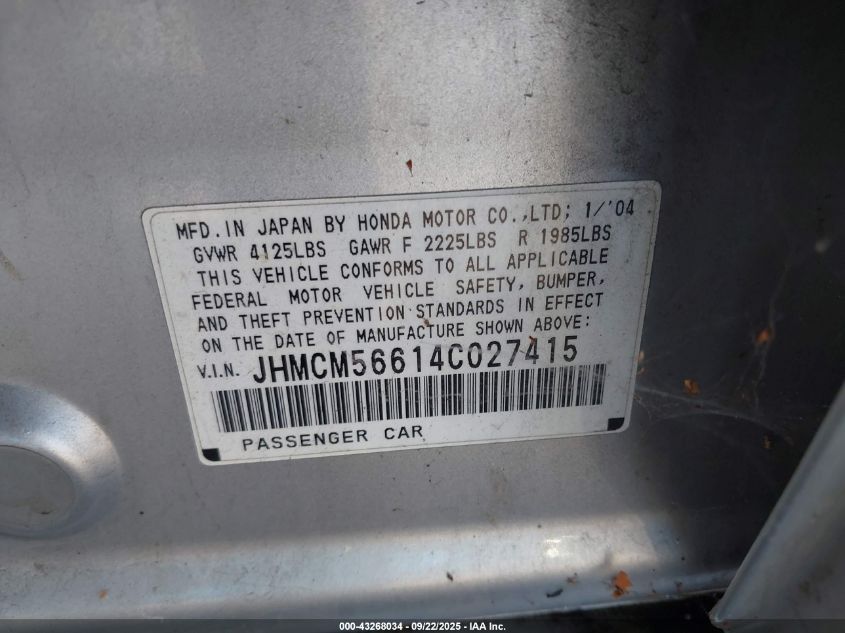 2004 Honda Accord 2.4 Ex VIN: JHMCM56614C027415 Lot: 43268034
