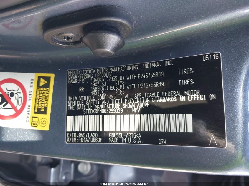 2016 Toyota Highlander Limited Platinum V6 VIN: 5TDDKRFH0GS299039 Lot: 43268041