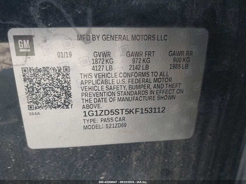 2019 Chevrolet Malibu Lt VIN: 1G1ZD5ST5KF153112 Lot: 43268047