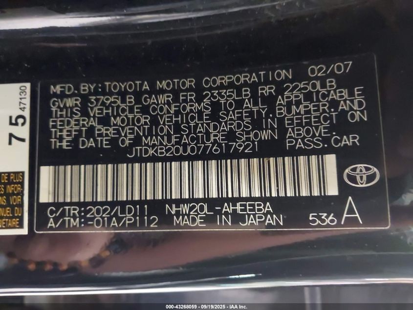 2007 Toyota Prius VIN: JTDKB20U077617921 Lot: 43268059